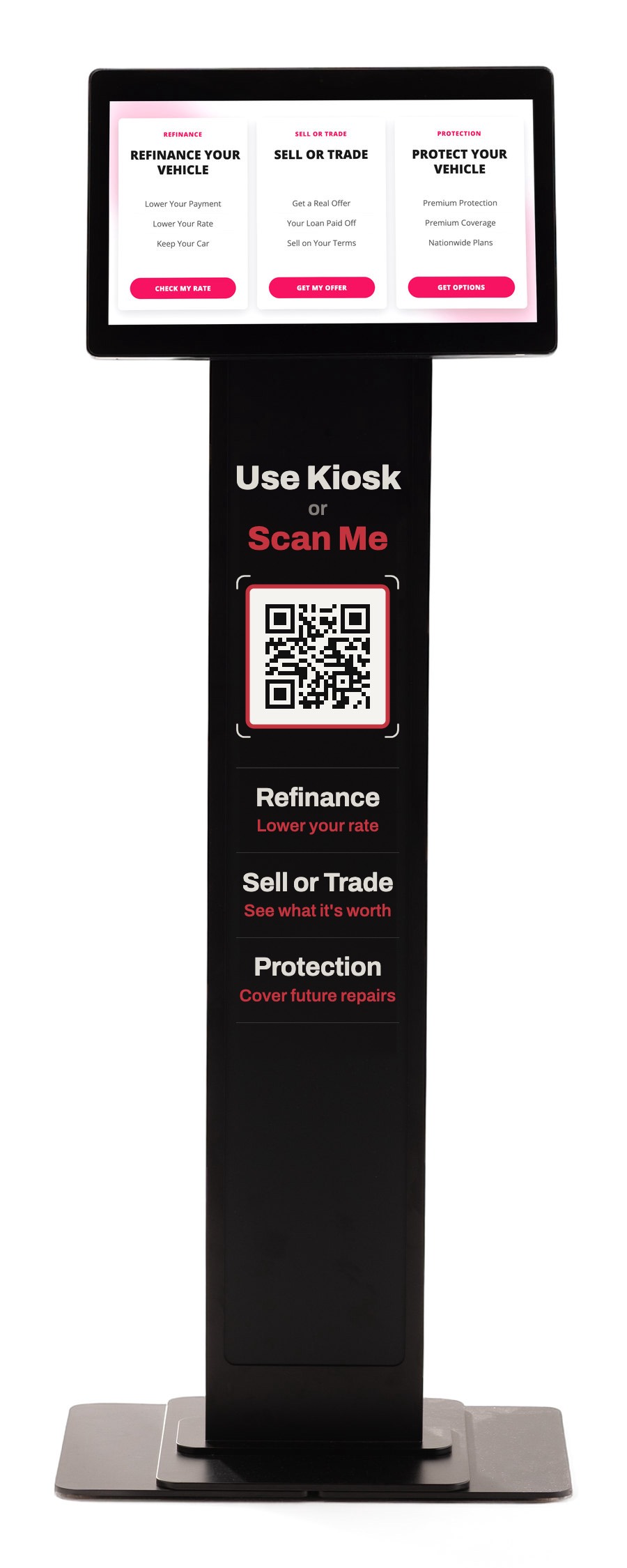 The Service Drive Leads kiosk in magenta: a floor-standing black pillar with a widescreen display offering refinance, sell or trade, and protection, and a scannable code on the column below.