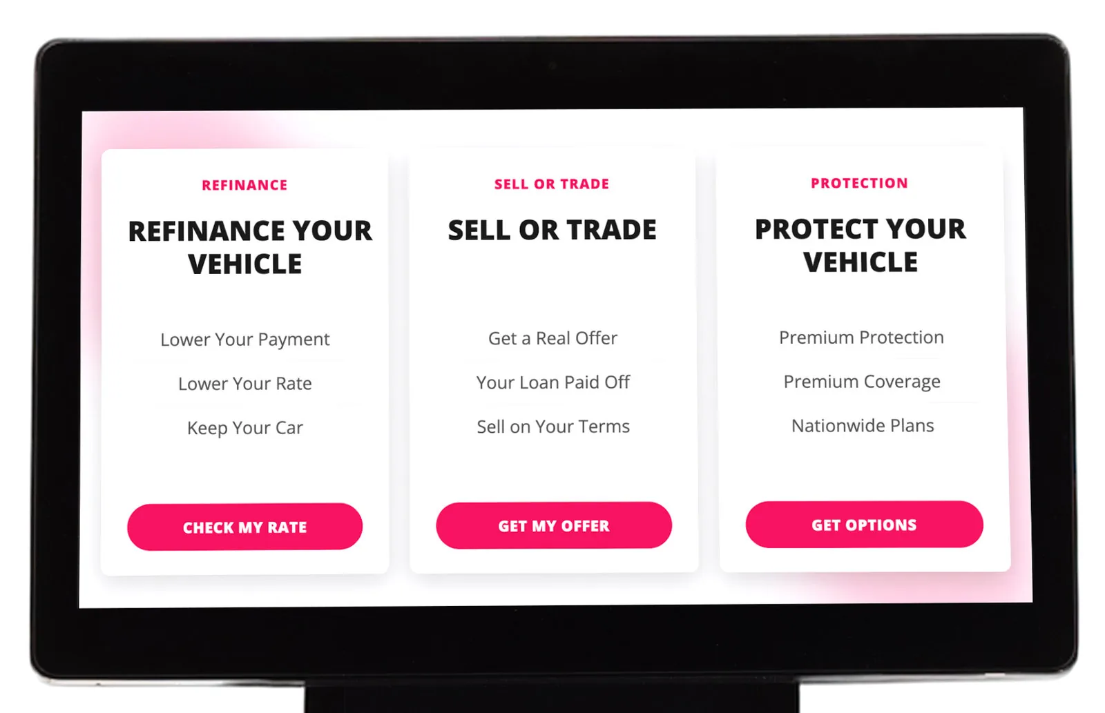 The kiosk display at close range, showing three offers: refinance your vehicle, sell or trade, and protect your vehicle.